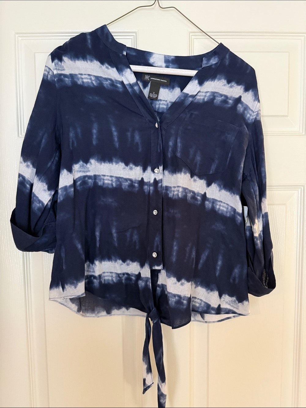 INC International Concepts Navy and White Tie-Dye Button Front Tie-Hem Blouse
